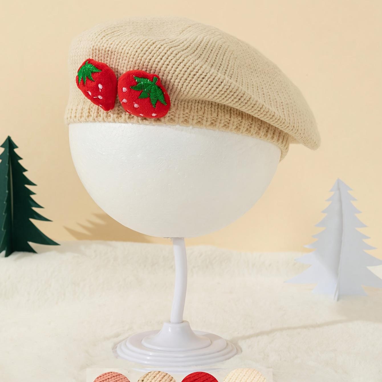 Girls' Strawberry Knit Beret Hat - Stretchy Lightweight Winter Hat with Red Strawberries, Soft Pastel Colors (Pink, Yellow, Green, Blue, Purple) - Christmas, Thanksgiving, New Year Party Outfit - for Ages 3- - Easy-Care Kids' Formal & Everyday Winter Acce