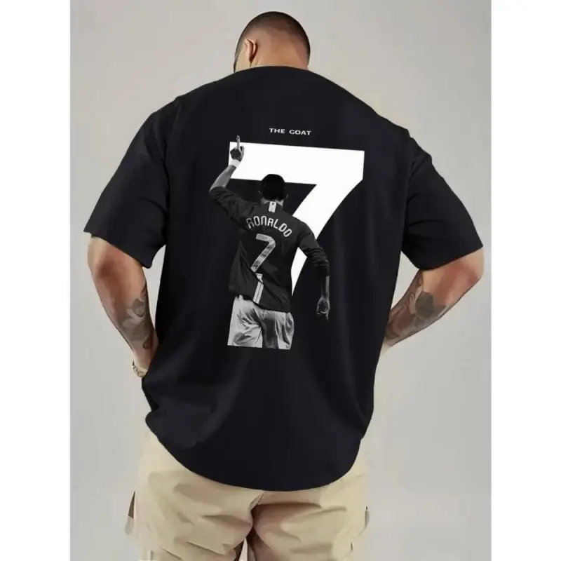 Men's CR7 Cristiano Ronaldo Jersey-Style Tshirt - White No.7 Back Print with GOLAZO Graphic, Loose Fit Casual Shortsleeve Top, Breathable Polyester Sportswear, Machine Washable Durable Menswear Football Fan Apparel