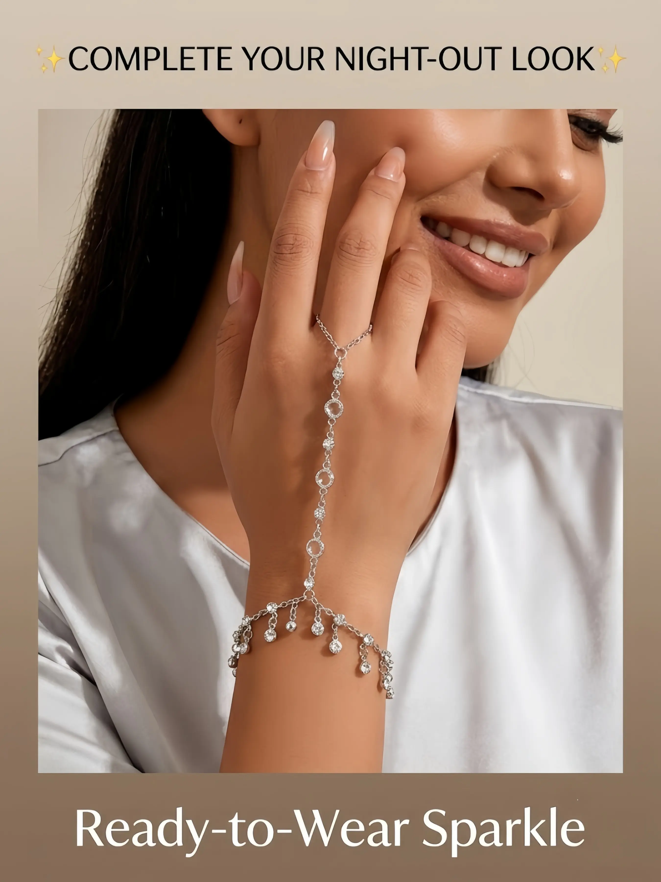 Elegant Rhinestone Fringe Finger Chain, Sparkling Rhinestone Ring Bracelet, Chic Wedding Guest Jewelry, All-Season Casual Accessory