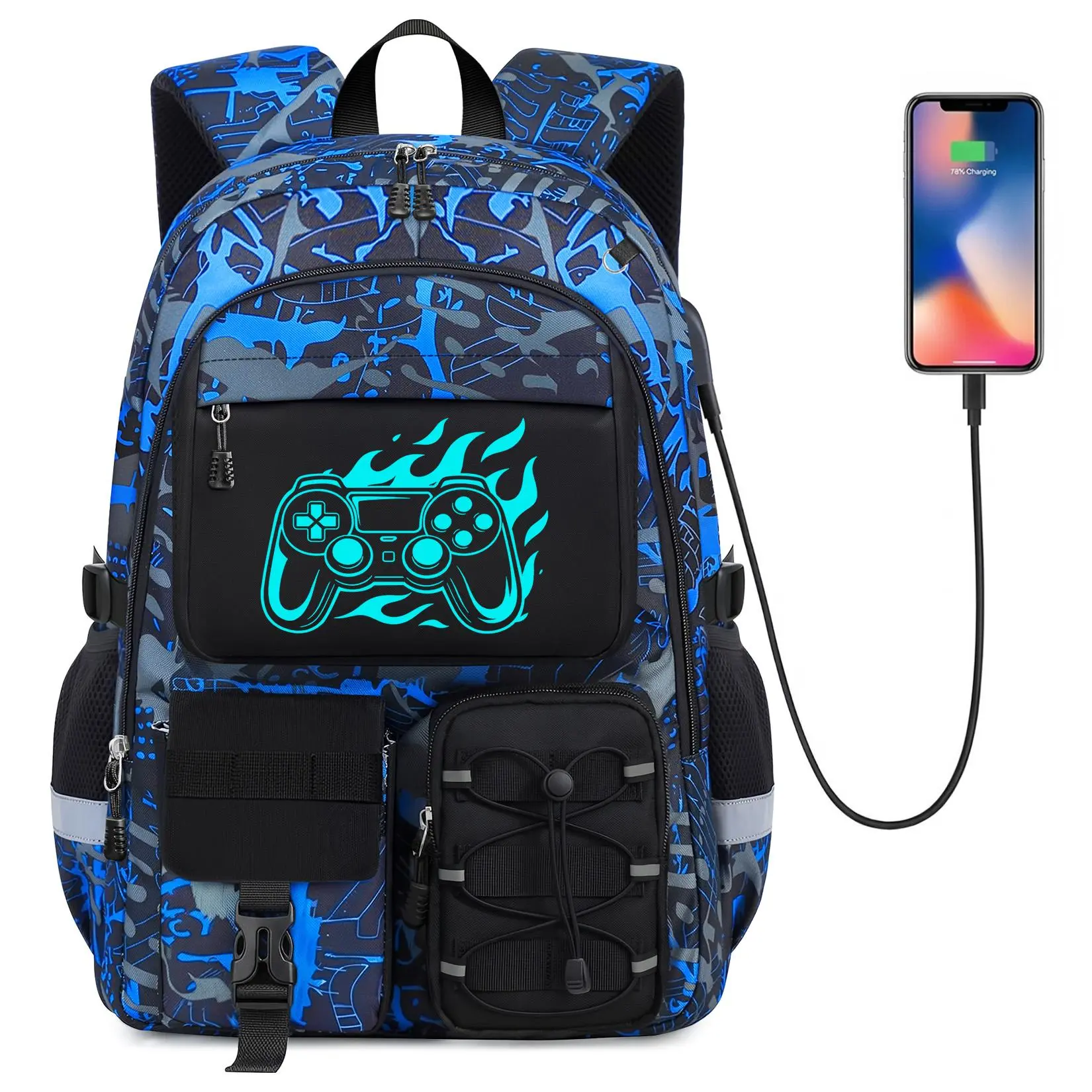 Gamer Boys' 18in Large Capacity Backpack for School, USB Charging Port Bookbag for Teens (Elementary to High School)