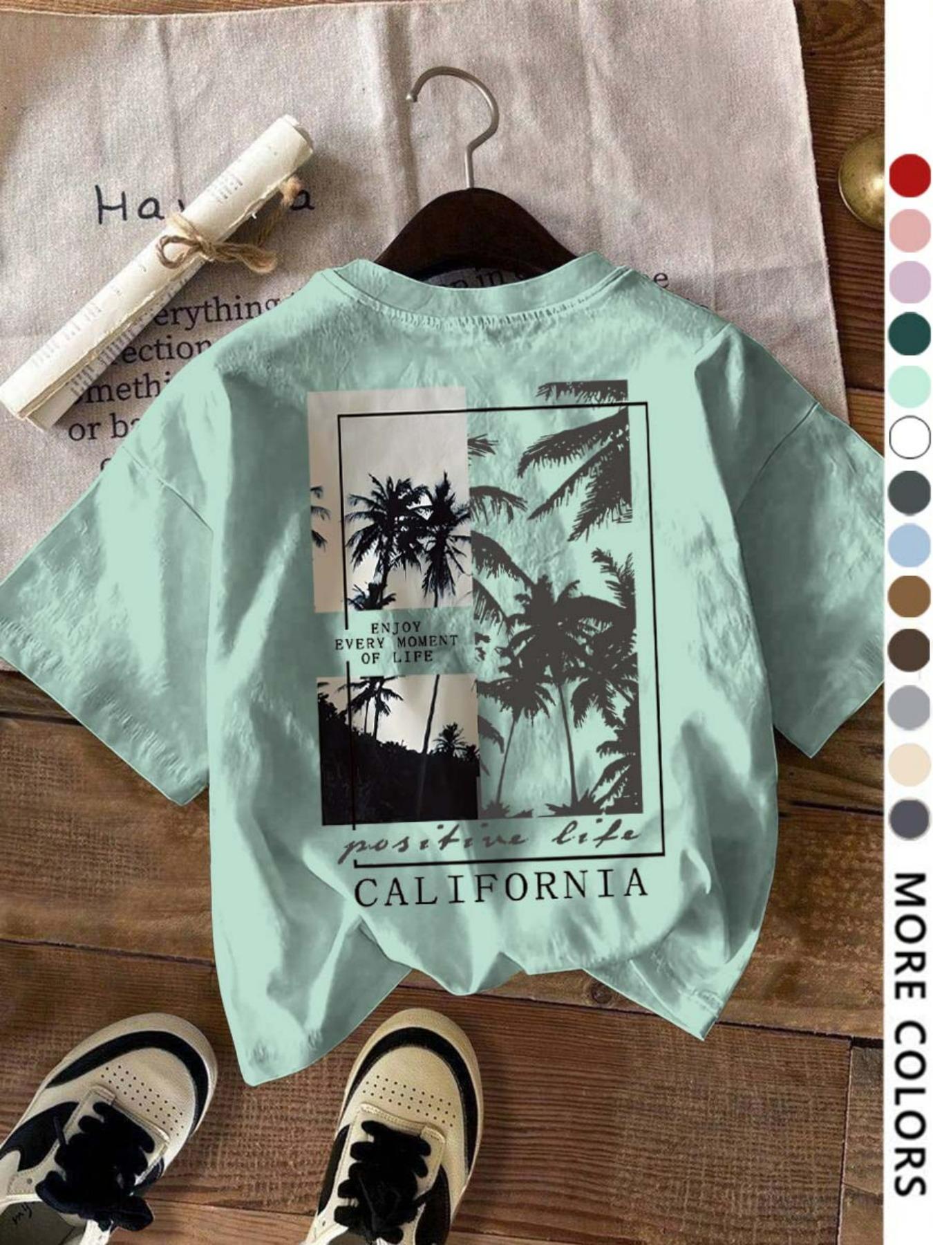 Women's Letter & Tree Print Round Neck Tee, Fashion Casual Short Sleeve T-shirt for Daily Wear, Ladies Summer Clothes