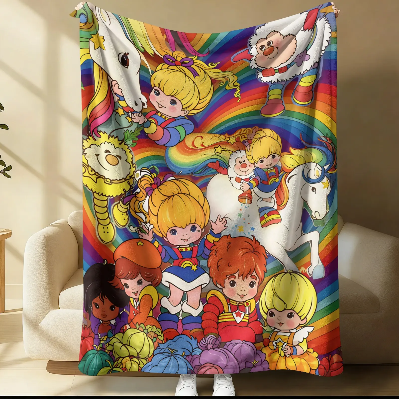Rainbow Brite 80s Retro Cartoon Blanket, Ultra Soft Flannel Cozy Warm Starlite Color Kids Magical Horse Bedroom Couch Sofa Throw Decor Decorative Throw, Birthday Gift Christmas Gift for Nostalgia Fans Adults Women Men Vintage Style