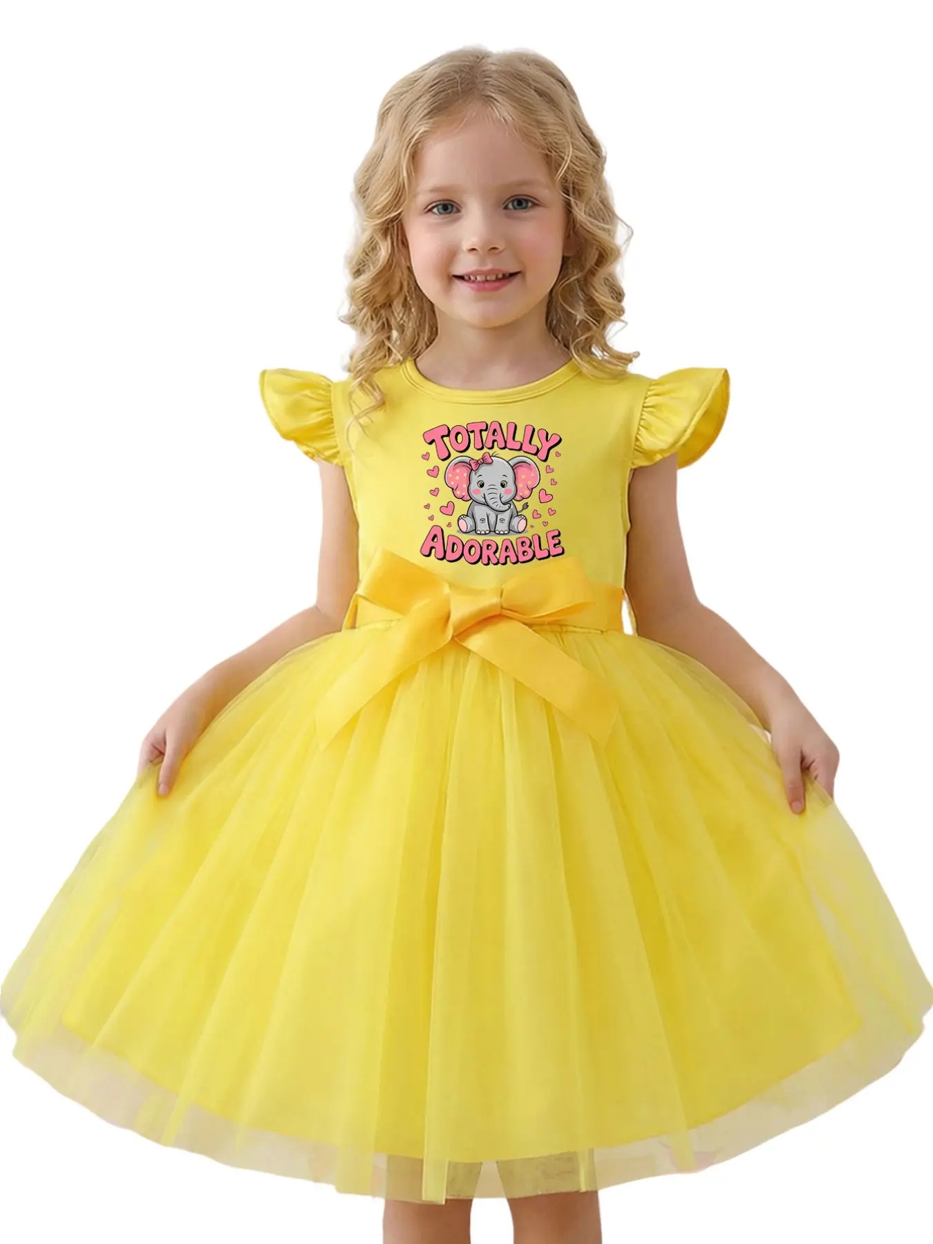Girls' Cute Elephant Letter Print Waist Belt Round Neck Flutter Sleeve Mesh Dress, Sweet Style Puff Mesh Princess Dress