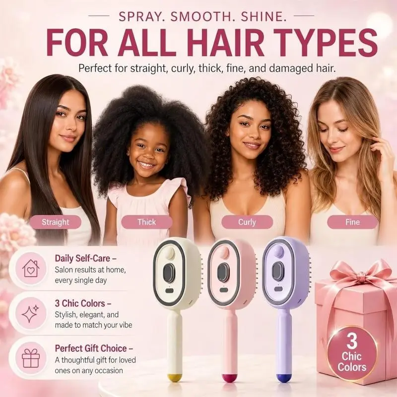 Christmas Gift Choice! Nano Spray Electric Massage Comb, One-Touch Cleaning Cushion Comb, Rechargeable Scalp Massager, Portable, Three Colors Available