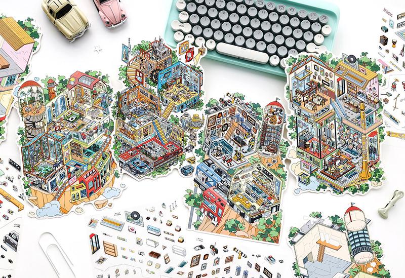 12 oversized scene stickers, fun scene themes, vintage style, PET white card dual materials, self adhesive, DIY journal decoration scrapbook notebook material sticker pack