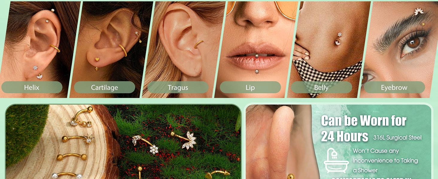 DB- 16G Ear Cartilage Piercing Jewelry, Medical Grade Steel Vertical Lip Stud, Gold Eyebrow Stud, Ear Cartilage Earrings, Women's Cartilage Bend Barbell Ear Cartilage Surface Tragus Piercing Jewelry, 14-Piece Pack-DB