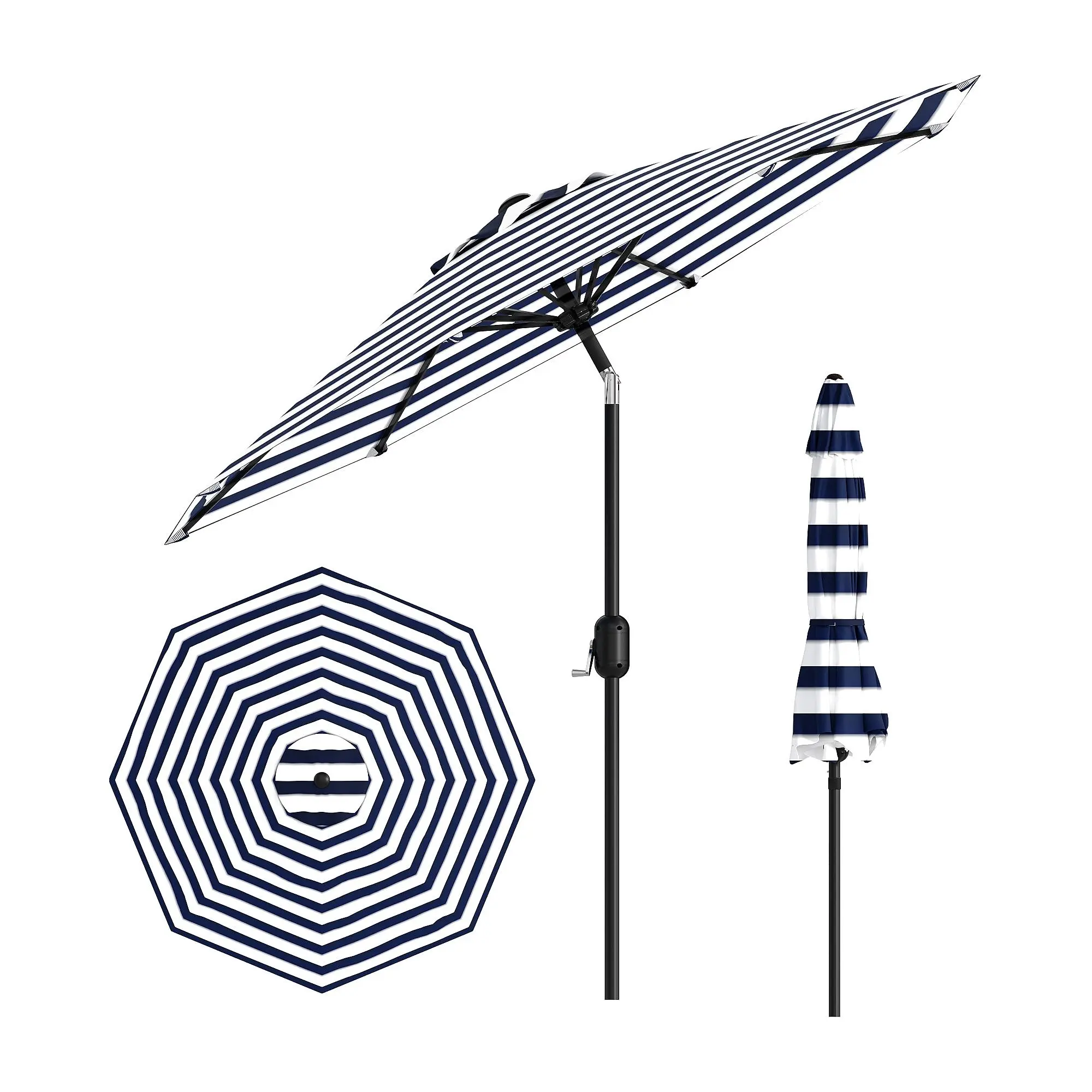 9FT Striped Patio Umbrella | Waterproof UV Shield, 8 Solid Ribs, Crank & Push Tilt, Multi Striped Colors for Pool & Patio