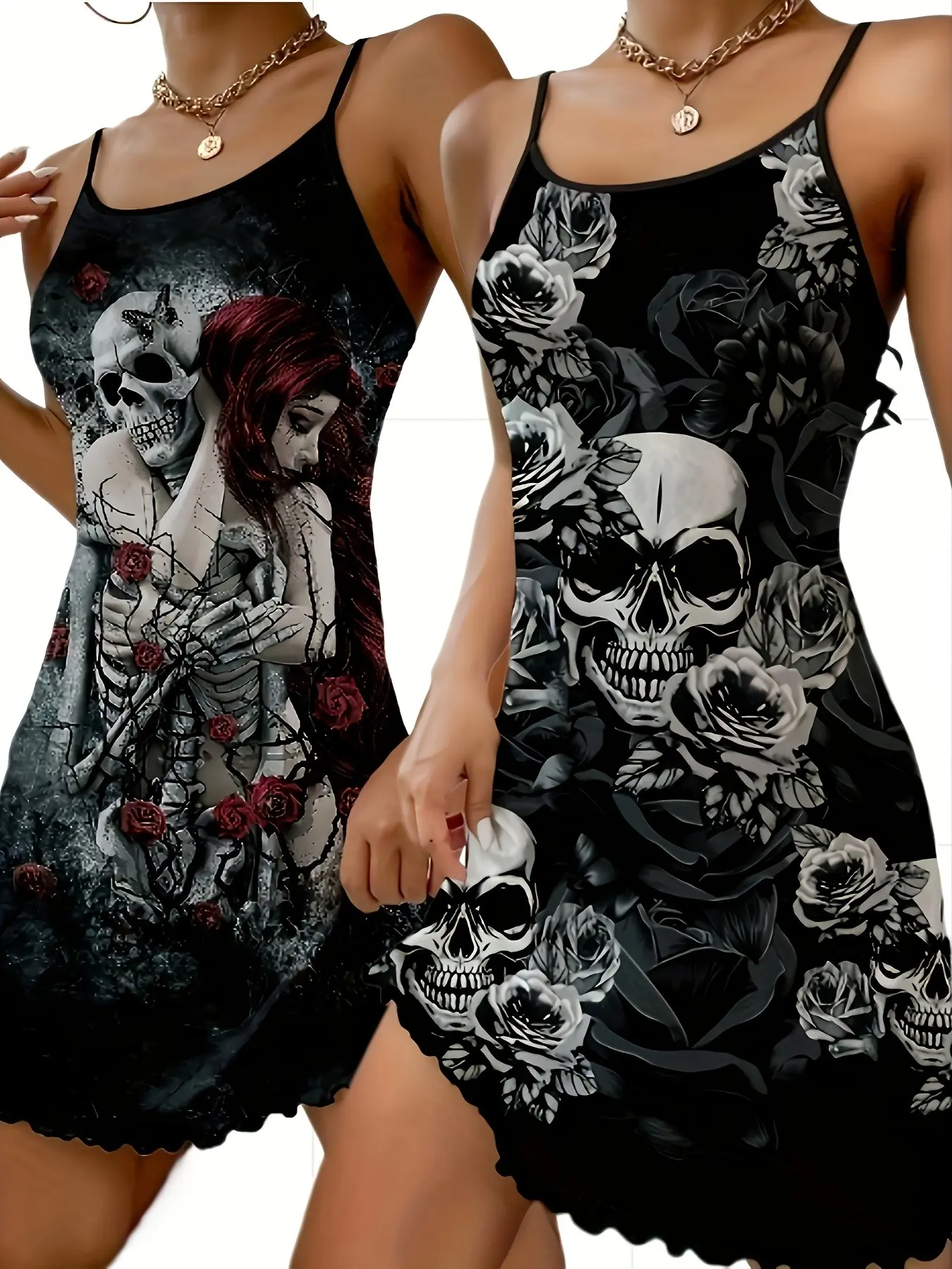 2-Piece Women's Skull Print Cami Nightgowns, Ruffled Hem, Halloween Choice, Comfortable Sleepwear for Ladies