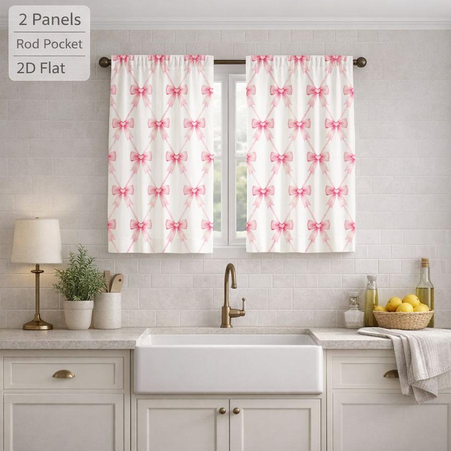 2Pcs Cute Pink Bowknot Pattern Curtains Digital Printed Rod Pocket for Bedroom Office Kitchen Living Room Study Home Decor Soft Light Filter Easy Installation