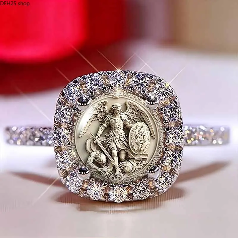 Vintage Saint Michael Archangel Statement Ring, Crystal Halo Square Signet Ring with Guardian Angel Relief Artwork, Adjustable Christian Faith Jewelry for Women & Men, Meaningful Daily Wear Gift