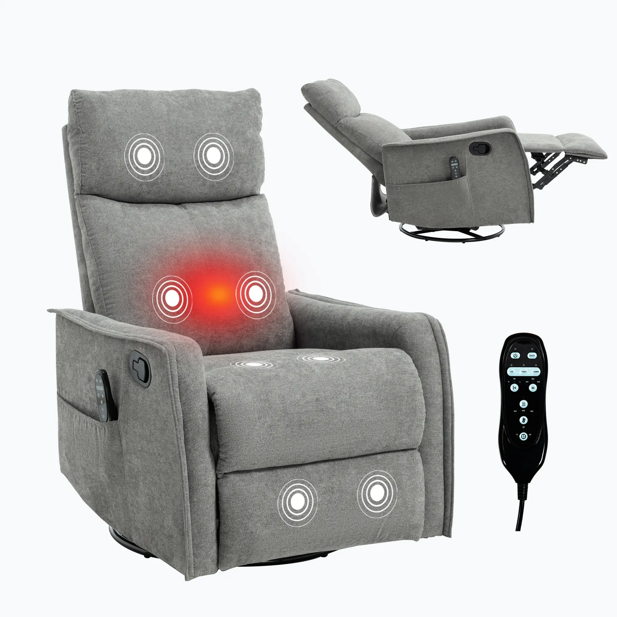 ARCH Single Seat Fabric Upholstered Manual Recliner Chair - Square Arms, Metal Frame, 155-Degree Recline, 8 Vibration Nodes, Lumbar Heat & Vibes, Swivel Rocker, Cushion Back, Tool-Free Easy Assembly for Living Room, Grey