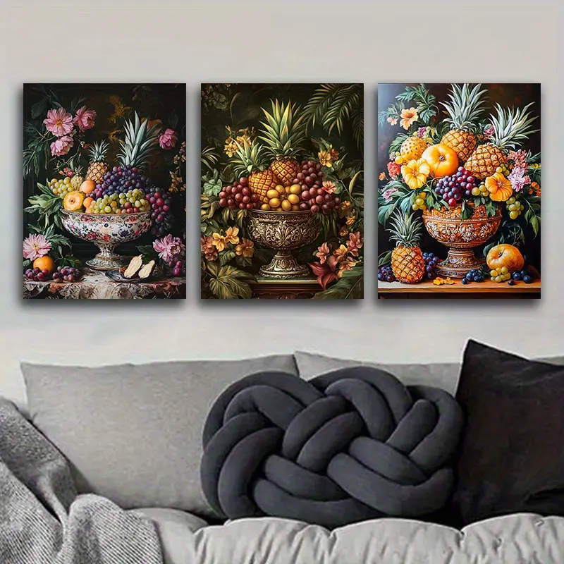 Three-piece set with frame--Exquisite vase and fresh fruit themed canvas wall art, framed decorative painting, suitable for indoor Easter, Presidents' Day, Carnival, luxurious wall decoration for couples, can be used for spring and autumn indoor decoratio
