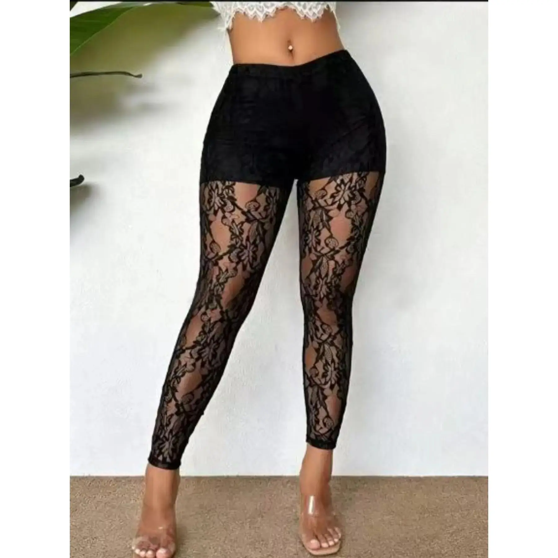 Women's Lace Sexy Mesh Long Pants Fitted Leggings, Hollow-Out Transparent Sheer Slim-Fit Party Wear with Bold Design