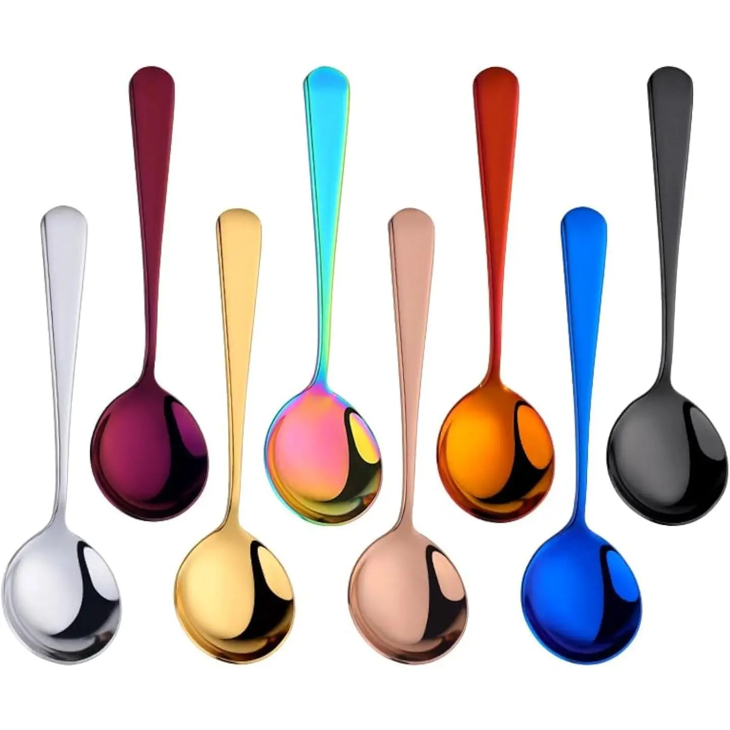 Broth Round Spoon Set, 8-  Stainless Steel Dinner Table Cereal Soup Spoon, Camping Ramen Spoons