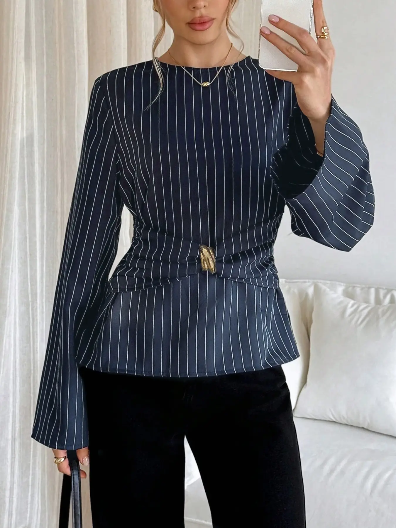 1 Piece Women Crew Neck Vertical Stripe Flared Blouse Metal Buckle Twisted Waist Flare Long Sleeve Peplum Top Elegant Office Daily Shirt No Necklace