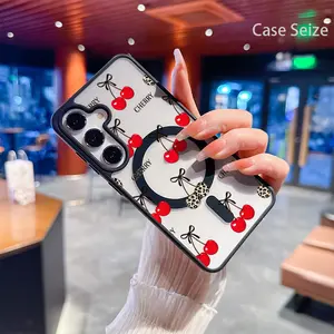 Phone Case - Red Cherries And Leopard Print with Black Ribbon Charm Black Border Magnetic Phone Case, Anti-Yellowing, Slim Lightweight & Bare Feel, Luxury Premium Design for Samsung Galaxy S22 S23Fe S24 S25 Plus Ultra