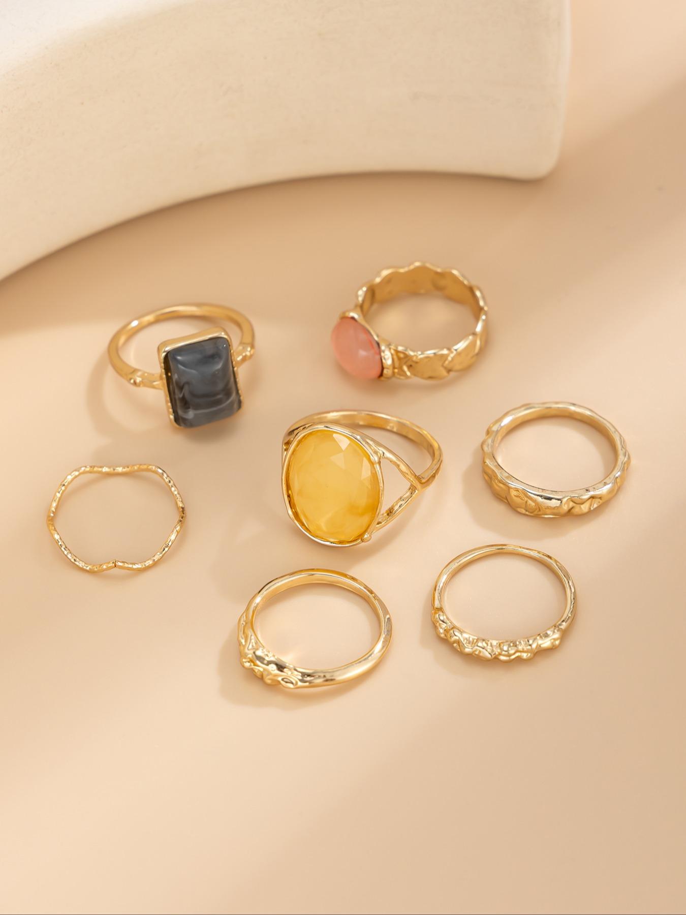 Boho Style Glass Gemstone Set, Vintage Multi-Element Jewelry Collection, Perfect Gift for Women, All Season Wear, Boho Style Rings