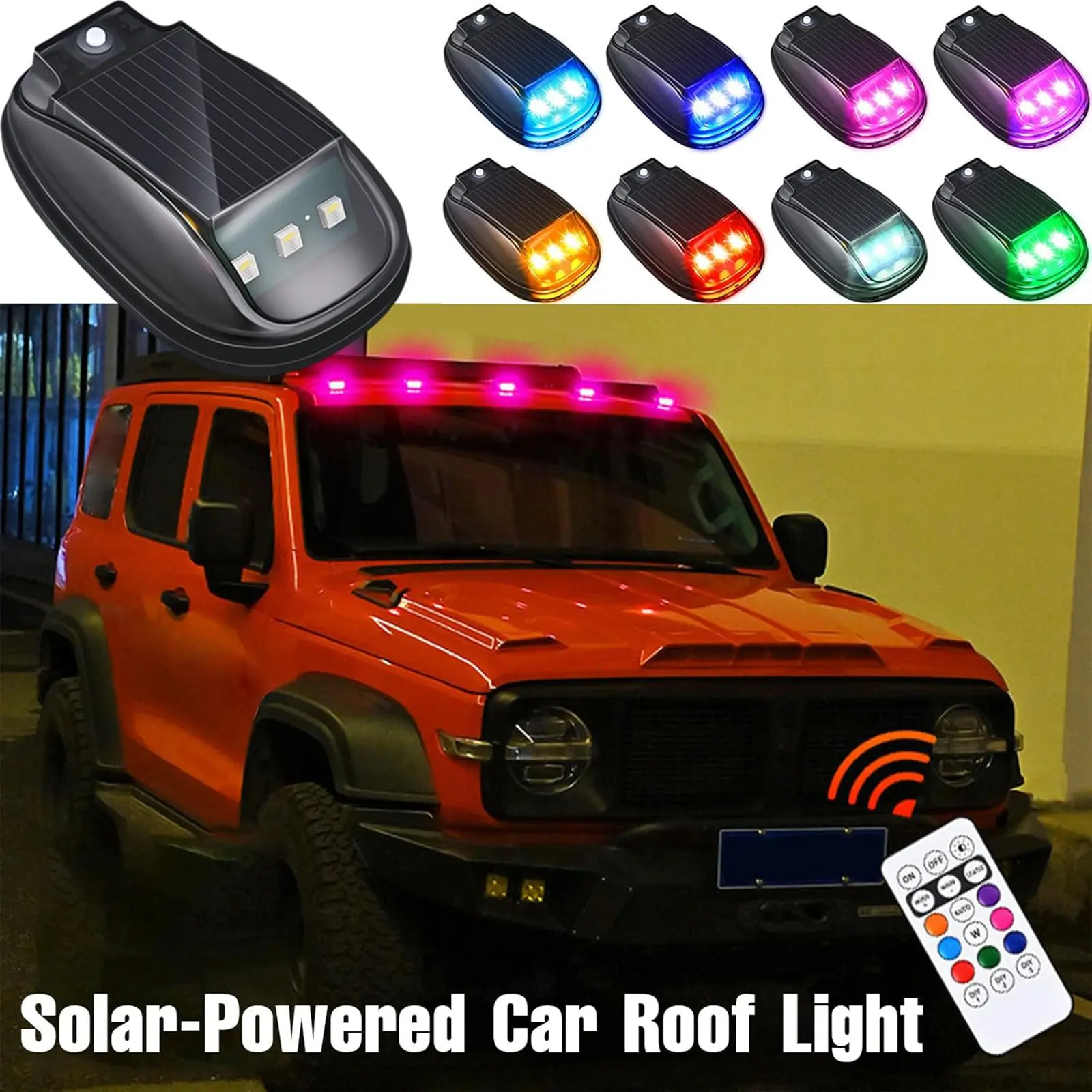 Solar Car Roof Neon RGB Strobe Light, Cab Signal Marker Lamp Wireless LED Warning Lights Safety Accessories for Cars Trucks Pickup SUV Jeeps Rvs with Vibration Sensor, No Drill, Waterproof (5PCS)