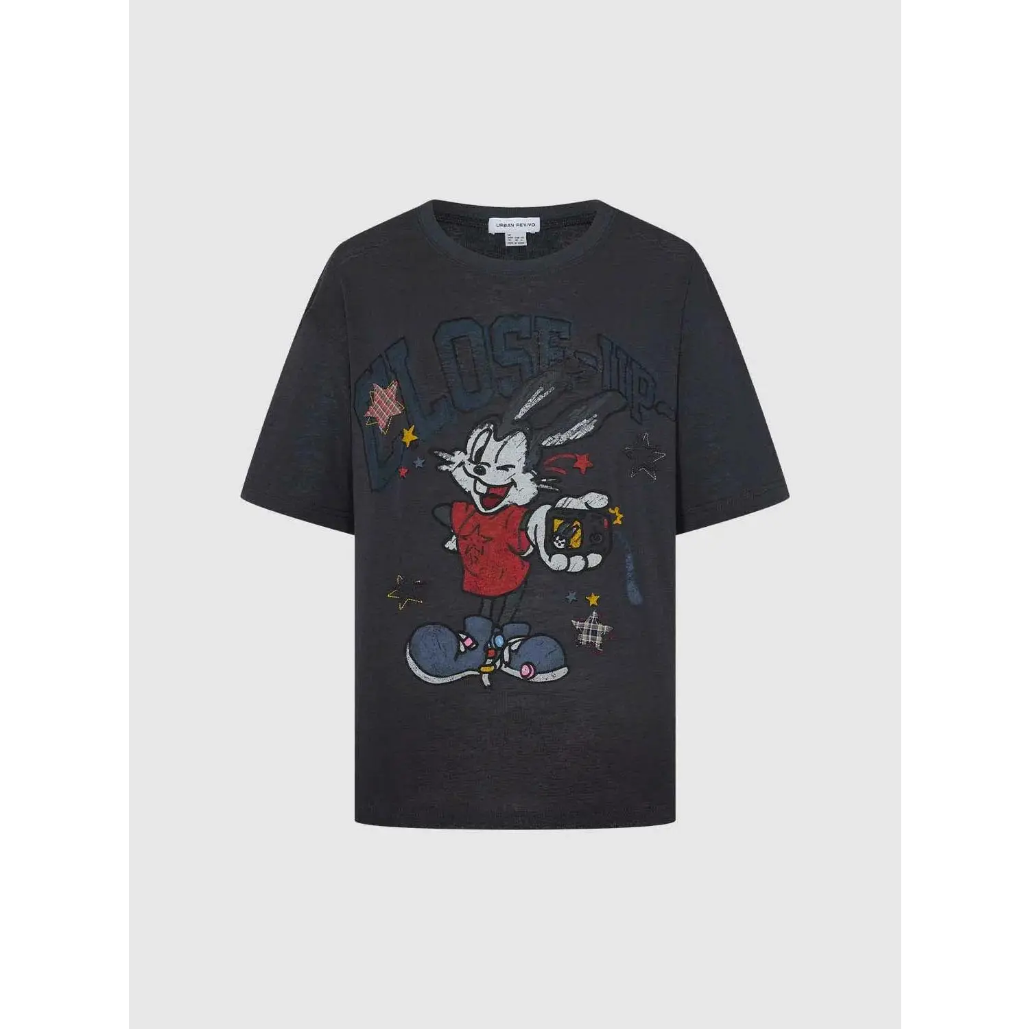 URBAN REVIVO Cotton Graphic Print Distressed Artwork With Vintage Cartoon Character Detail T-Shirt, Tops, Casual, Geometric