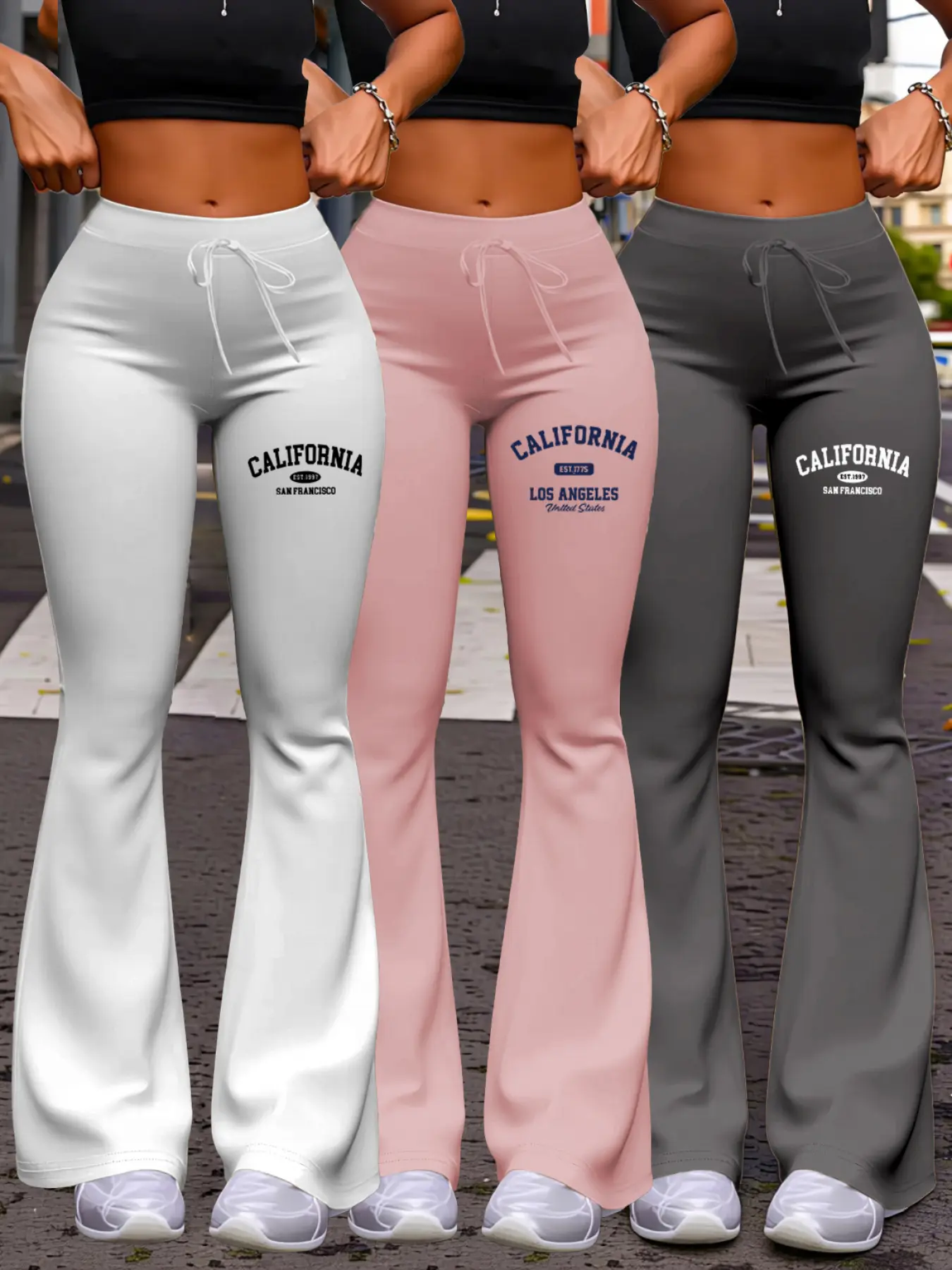 3-Pack Fashionable Women's Activewear Pants Set Los Angeles California American Retro Preppy Style High-Waisted Drawstring Adjustable Fit Flare Yoga Pants California Theme   Preppy Fonts Print, Women's Set Suitable for Daily Casual Wear