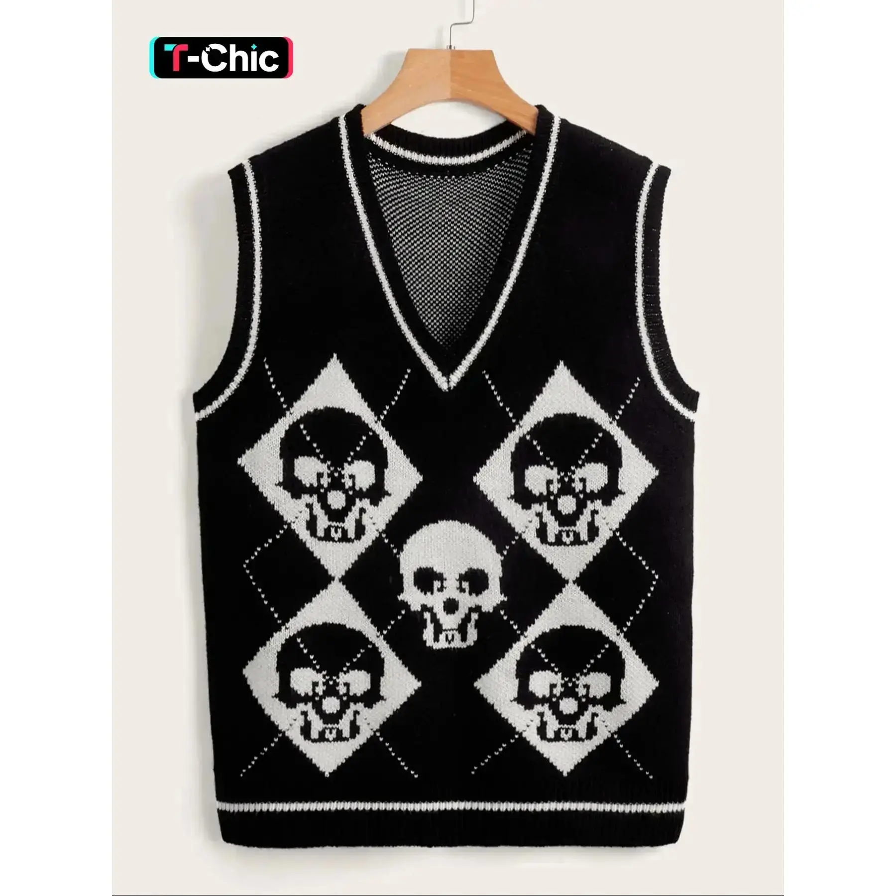 Halloween Skull Loose Knit V Neck Sleeveless Vest, Casual Style Sweater for Spring & Fall, Moderate Fabric Thickness, Comfortable Fit