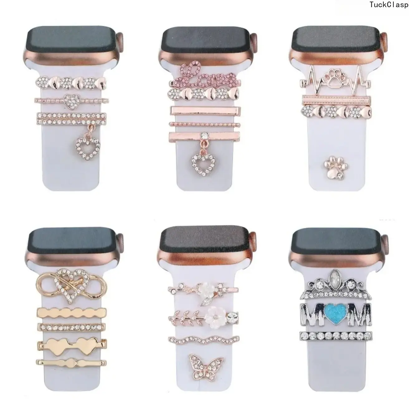 Rhinestone Decorative Ring & Pin Buckle Set for Apple Watch Silicone Straps, Bling Diamond Ornament Accessories for iWatch Bands