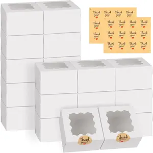 24pcs Square White Bakery Cookie Boxes with Window View, 4x4x2.5 Inches Storage Boxes for Desserts, Mini Cakes, Pastries, Donuts, Macarons, Strawberries, Chocolate Candy (with Stickers)