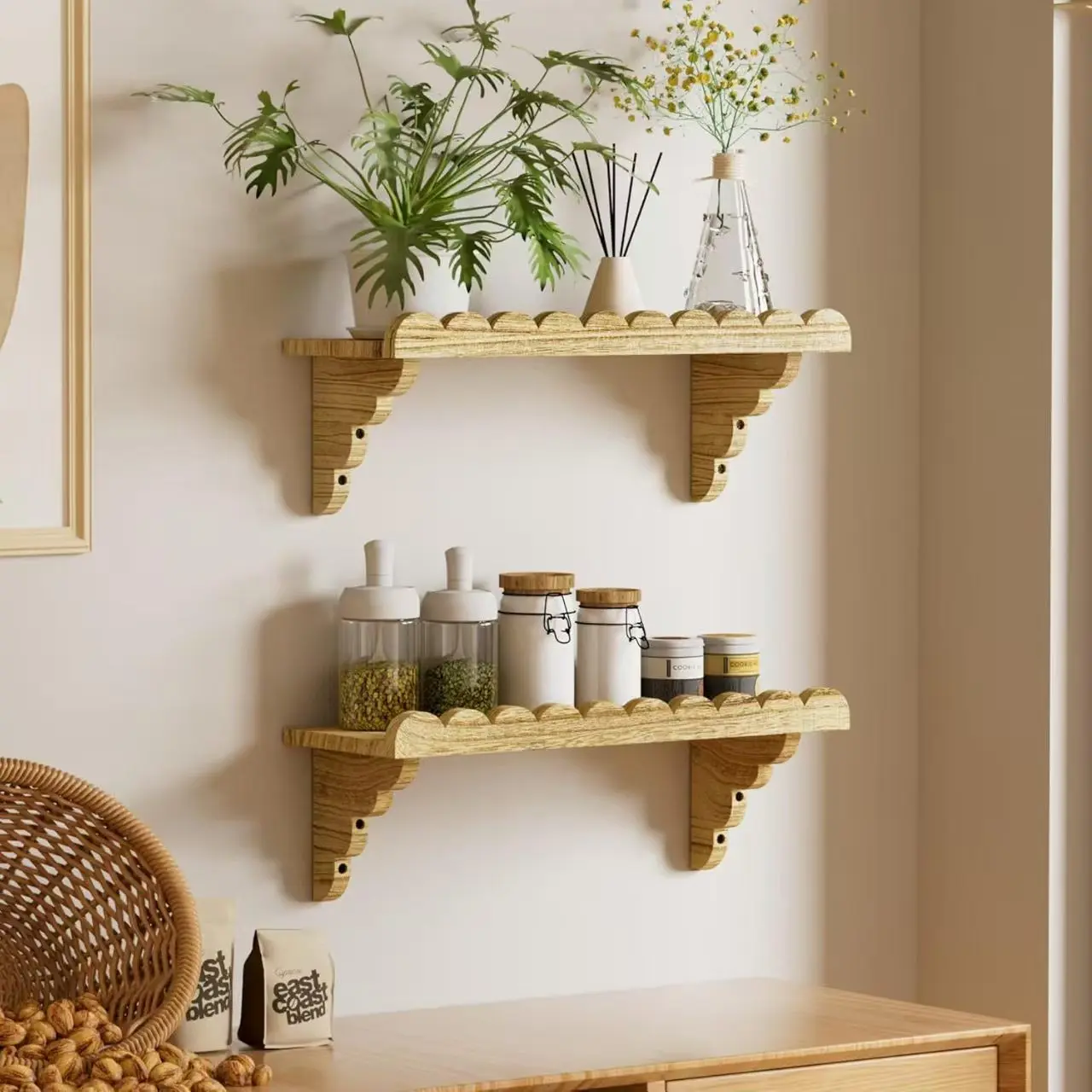 Wave Edge Solid Wood Wall-Mounted Floating Shelf, Decorative Storage Rack for Plants, Candles, Books, Bohemian Home Decor for Bedroom Kitchen