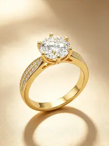 Eco-Friendly Copper Gold-Plated Ice Flower Cut Imitation Diamond Ring, 6-Prong Setting With Double Pavé Band, Luxury Engagement Ring, Anniversary Gift For Women (With Gift Box)