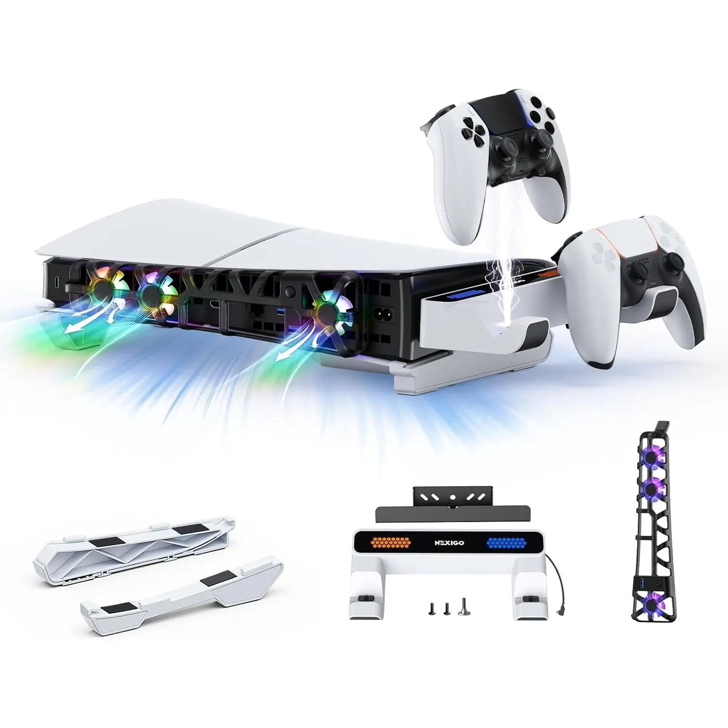 PS5 Slim Horizontal Stand with Charging Station for Dual_Sense&Dual_Sense Edge Controllers,Silent Cooling Fan w/Intelligent Temperature Control, LED Indicators, White