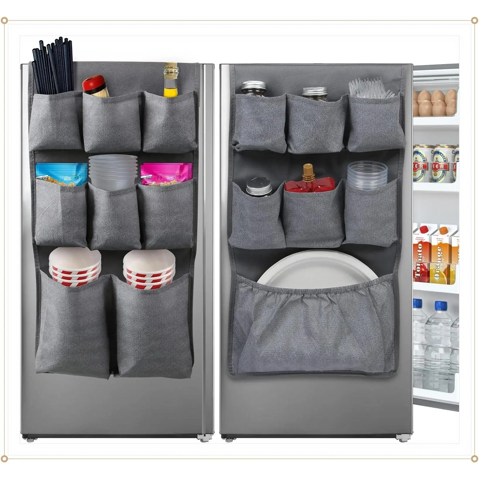 65" x 12.6" Mini Fridge Organizer Storage, Hanging Caddy with 15 Extra Large Pockets for Dorm, Pantry, Plates, Silverware, Spices, Cutlery, Napkins & Daily Essentials (Grey)Gift