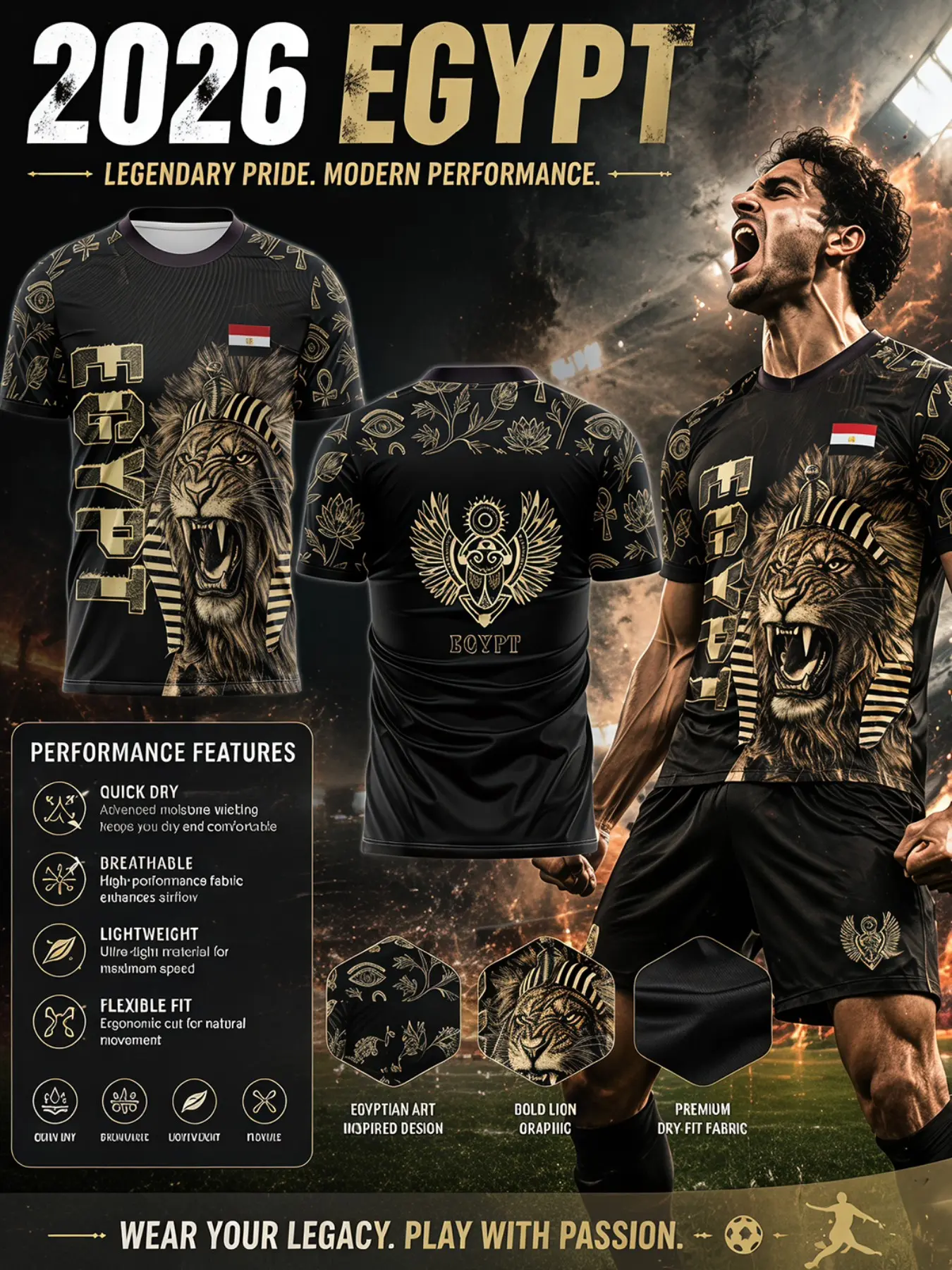 Egyptian Lightweight Football Jersey 2026, Soccer Jerseys, Gold Pharaoh Lion Print, Quick-Dry Breathable, Slim Fit, All Seasons, Patriotic Gift for Fans