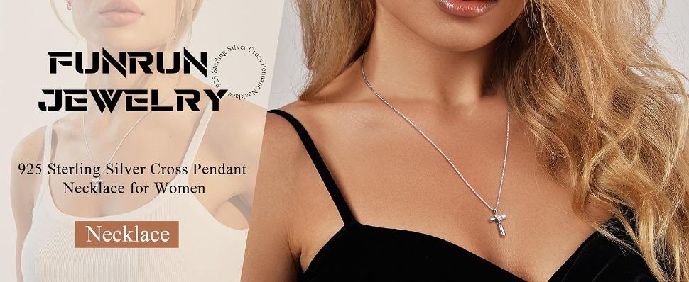 FUNRUN 925 Sterling Silver Cross Necklace for Women with 1MM Box Chain 18 Inches Iron Cross Necklace Daily Clothing Decor,Trendy All-match&