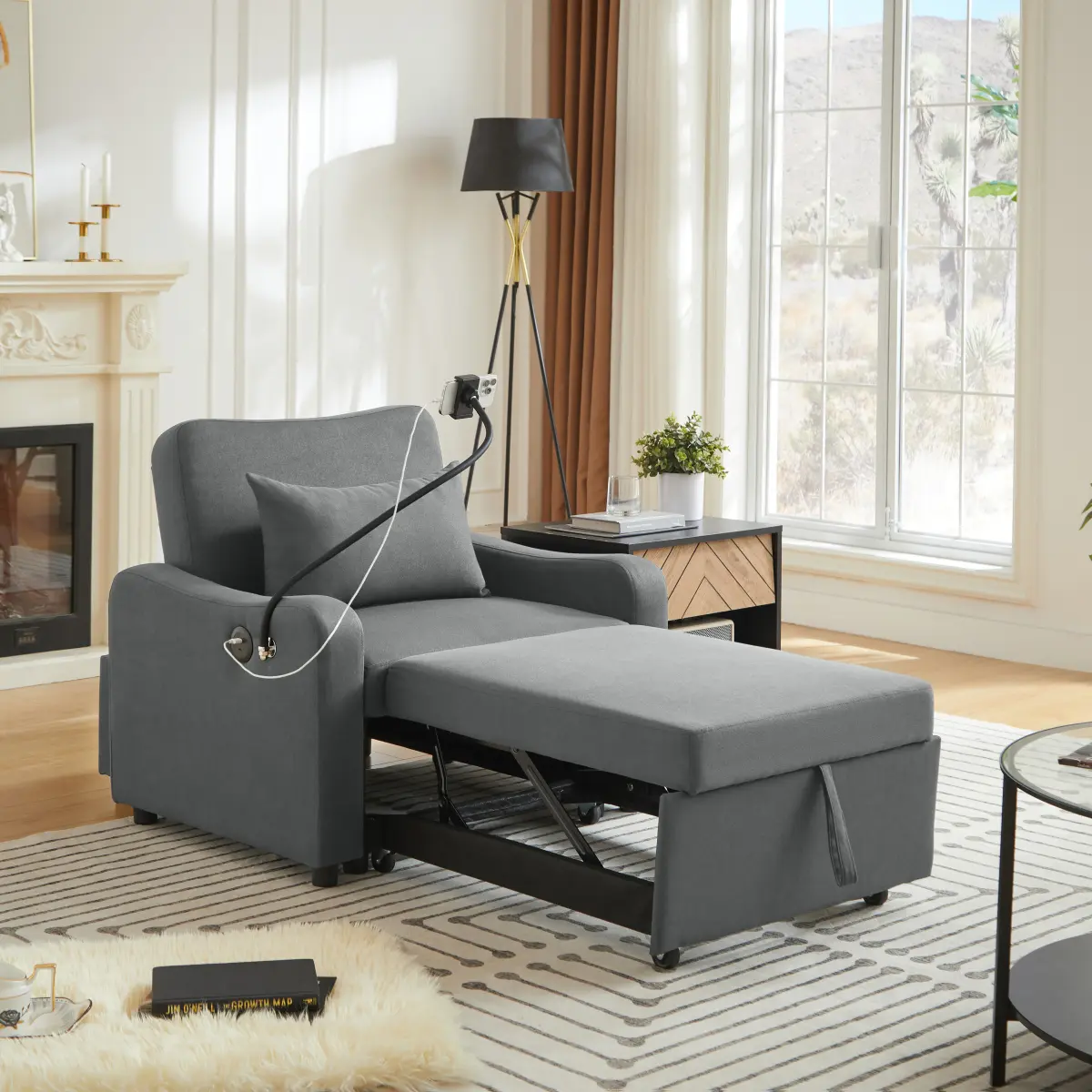 Aobtkel 3-in-1 Convertible Chair Bed, Adjustable Backrest Recliner Armchair with Phone Holder, USB & Type-C Ports for Living Room & Bedroom Small Spaces, Dark Gray