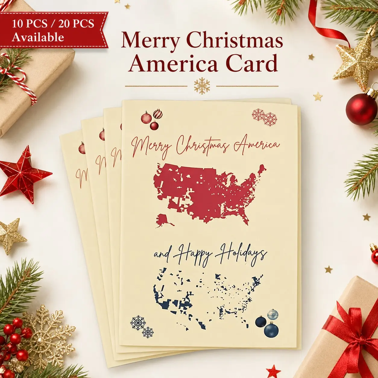 10/20 PCS Merry Christmas America Card, Holiday Greeting Cards with Festive Design, Christmas Blessing Cards for Family Friends Neighbors Gift Exchange Party Invitations and Seasonal Mailing