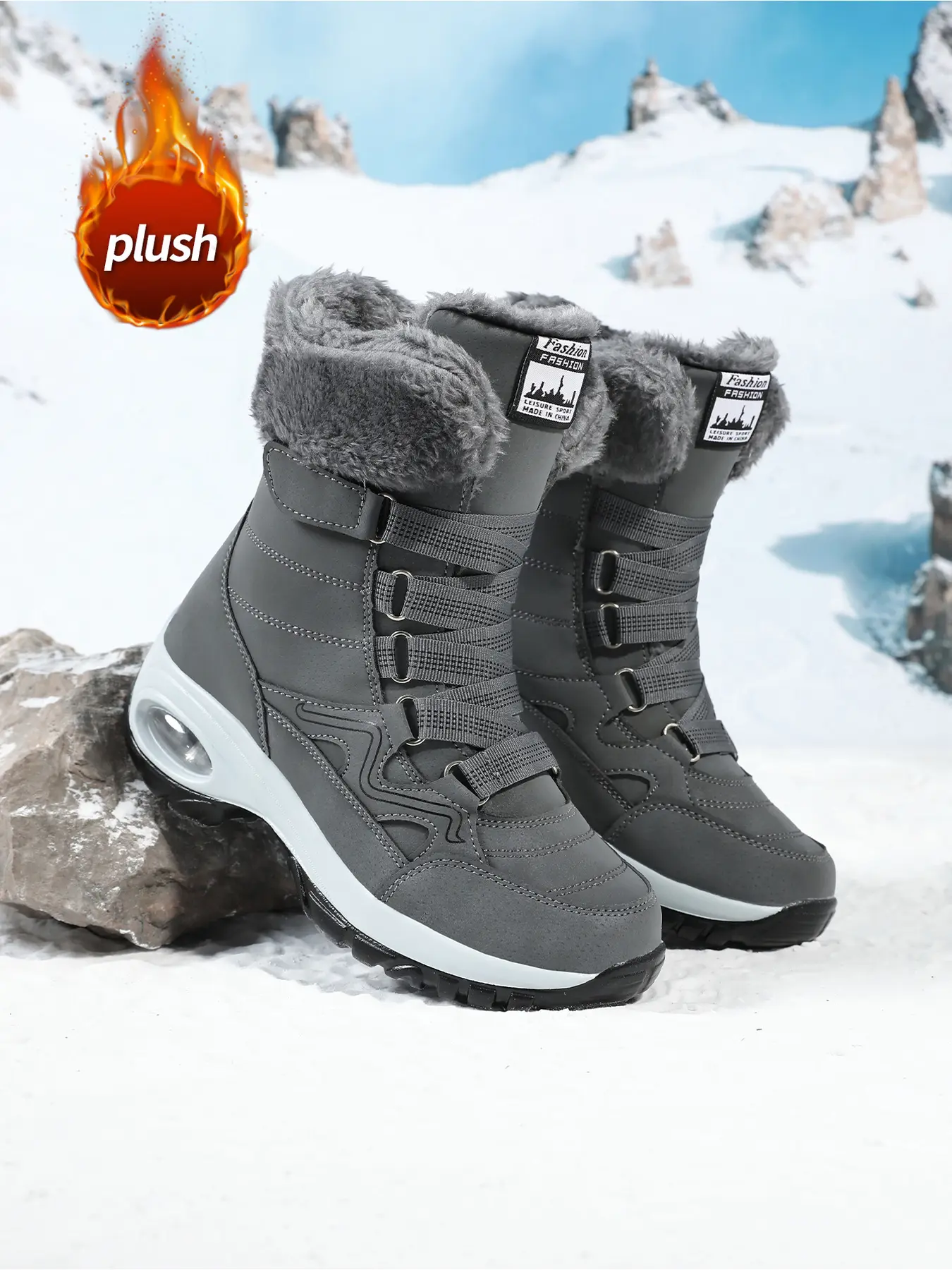 Women's Plush Lined Mid Calf Snow Boots, Easy On Off Hook & Loop Strap, Non Slip Air Cushion Winter Boots, Warm Fur Collar Outdoor Cold Weather Boots, Anti Slip Boots
