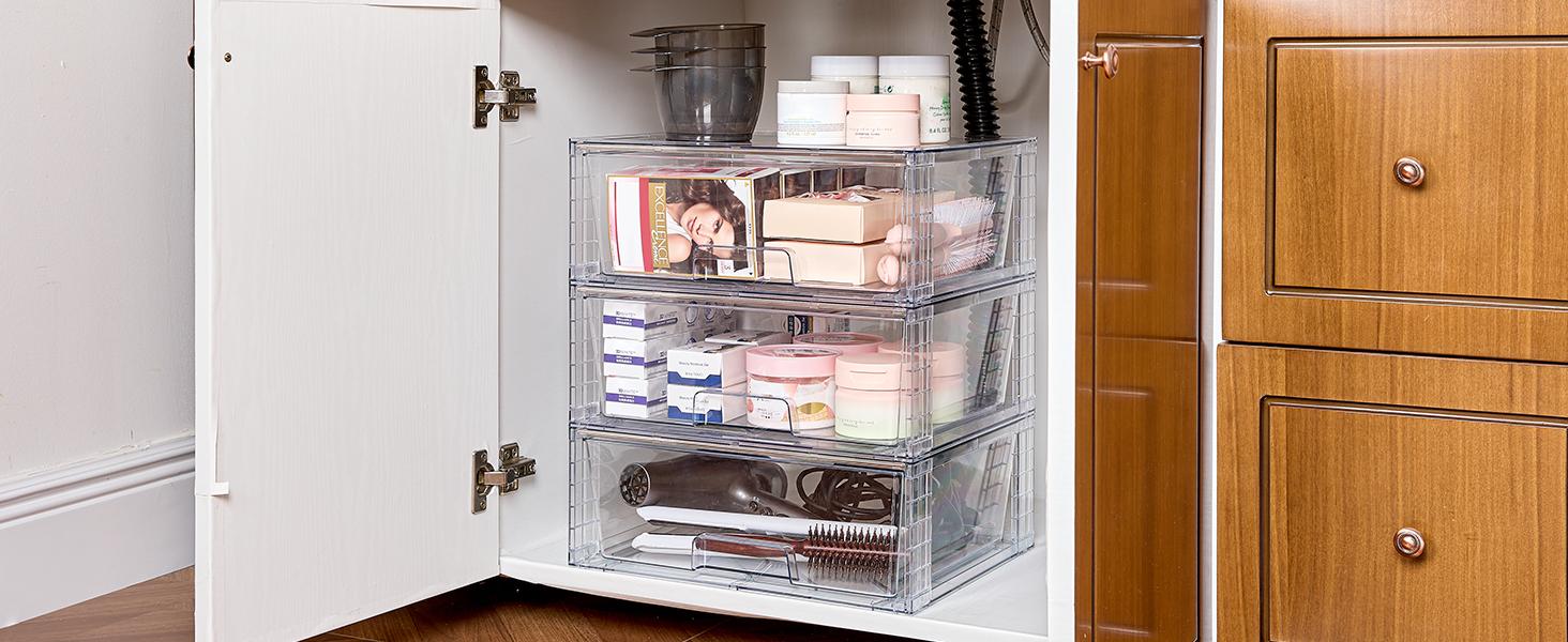 THE WELL KEPT 2 Pack Large Stackable Storage Drawers,Easily Assemble Clear Acrylic Bathroom Closet Undersink Organizers,Plastic Storage Bins for Cabinet,Kitchen Pantry Insert Silicone THE WELL KEPT 2 Pack Large Stackable Storage Drawers,Easily Assemble Clear Acrylic Bathroom Closet Undersink Organizers,Plastic Storage Bins for Cabinet,Kitchen Pantry Insert Silicone