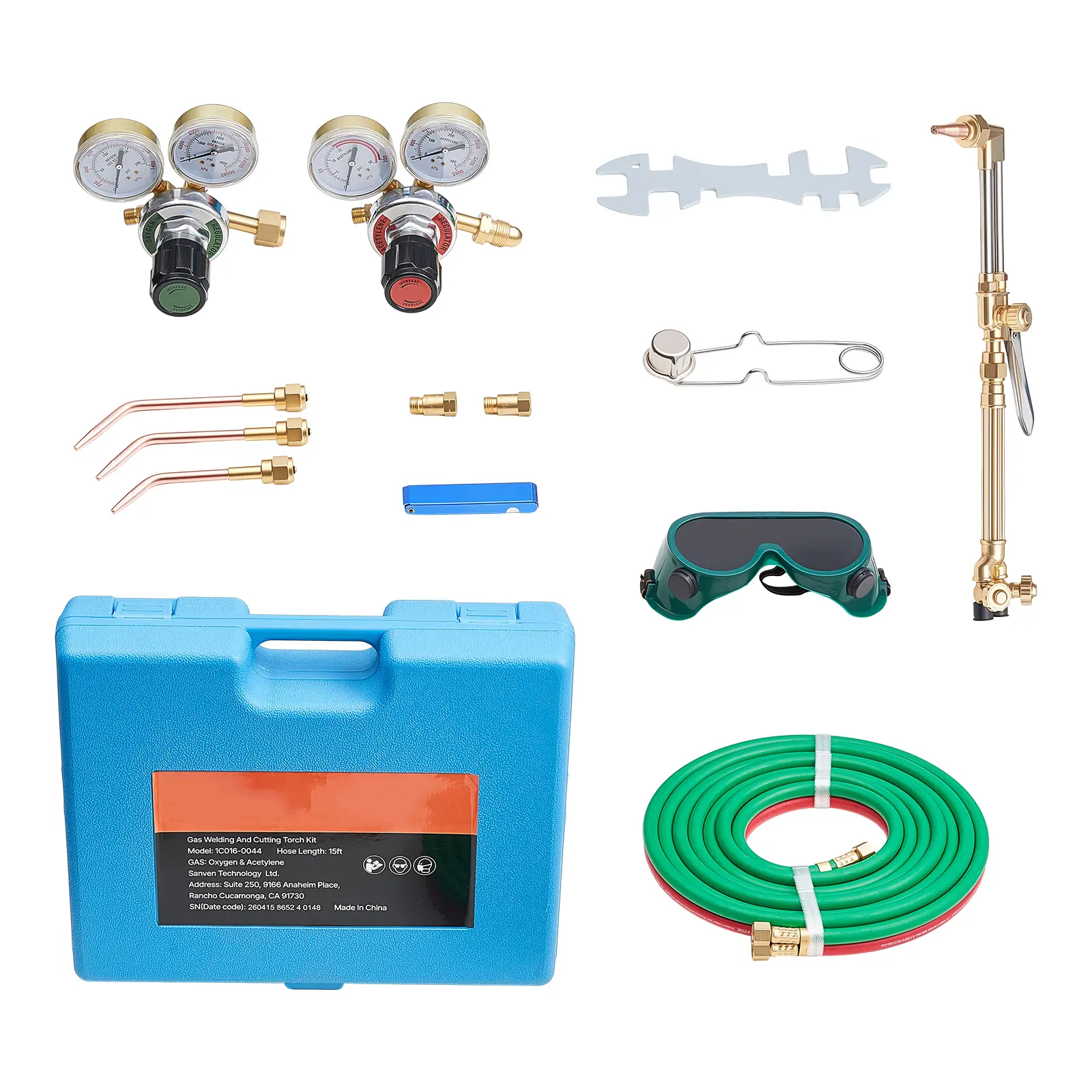Oxygen Acetylene Torch Kit with Check Valves, Gas Welding Cutting Torch Kit, Portable Oxy Acetylene Brazing Set with 15FT Twin-Hose, 1 Cutting Tip, 3 Welding Tips, 2 Gas Regulators & Toolbox