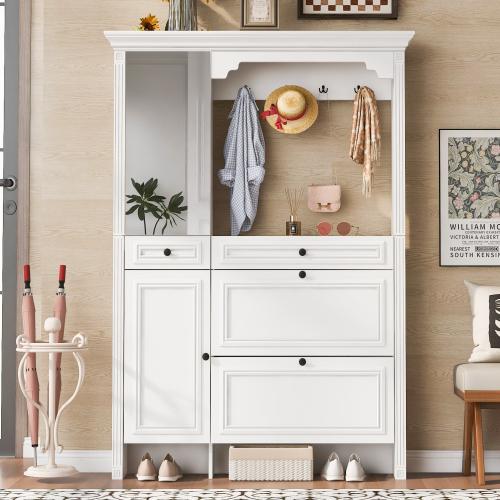 [Bellemave]VIBE HAUS 51.1/54.7'' Hall Tree with Integrated Shoe Cabinet and Mirrored Cabinet Door, Coat Hanger, Entryway Bench, 4-in-1 Design, 2 Flip Drawers, 4 Hooks and 2 Cabinets for Entrance,Living Room    RR