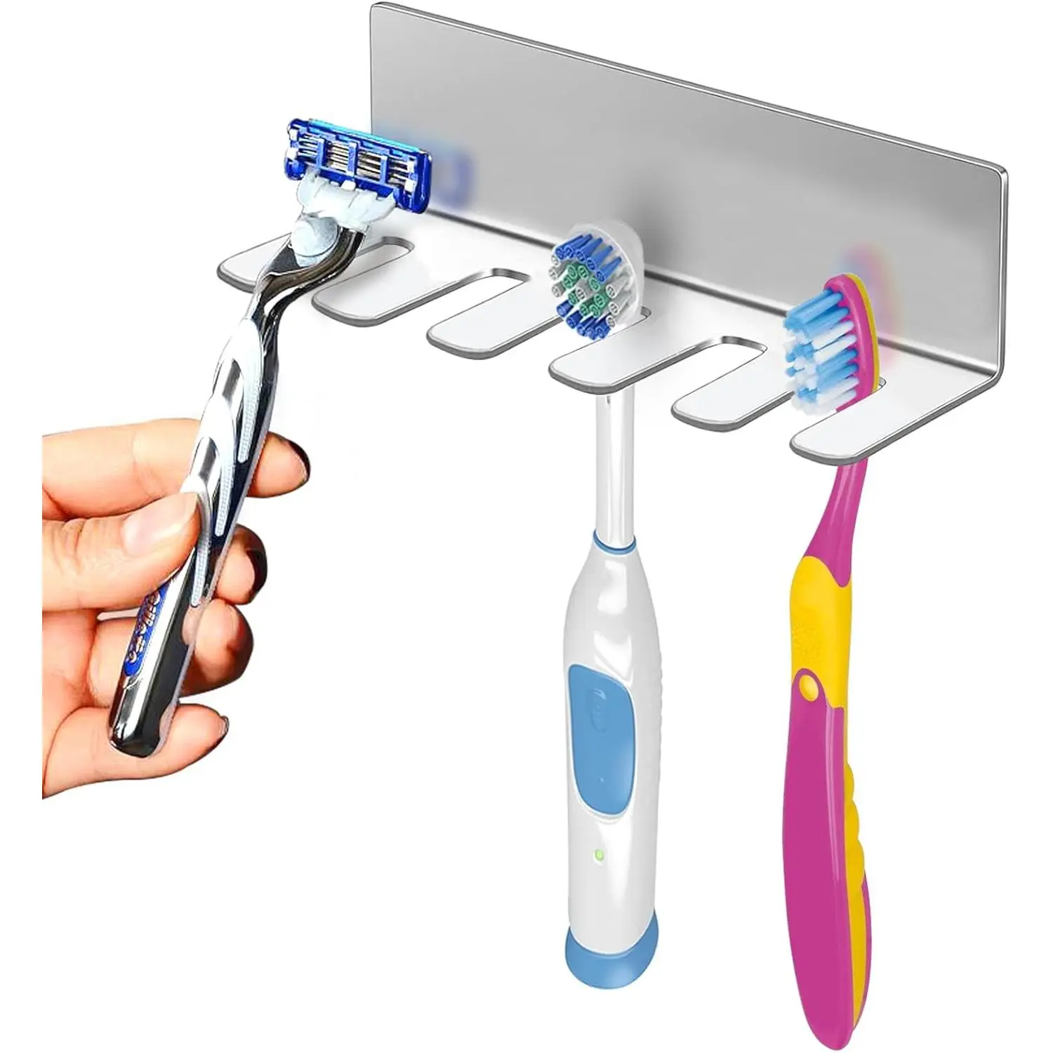 Wall Mounted Toothbrush Holder, Stainless Steel Toothbrush Holder with Self-Adhesive No Drilling Toothbrush Organizer, Bathroom Mounted Holder for Toothbrush Head, Washroom Razor Holder
