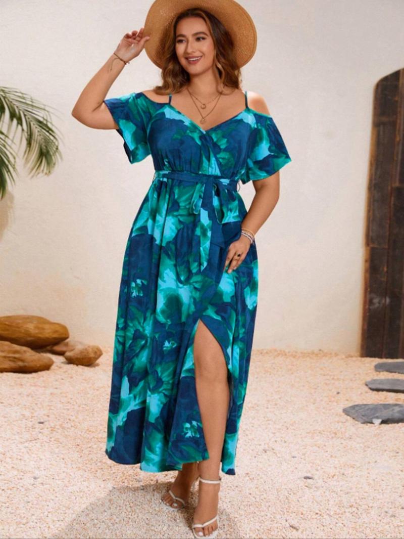 【Plus Size】 All Over Print Cold Shoulder Dress, Boho Short Sleeve Dress for Beach Holiday Vacation, Women's Clothes for Summer, Boho Style Dresses