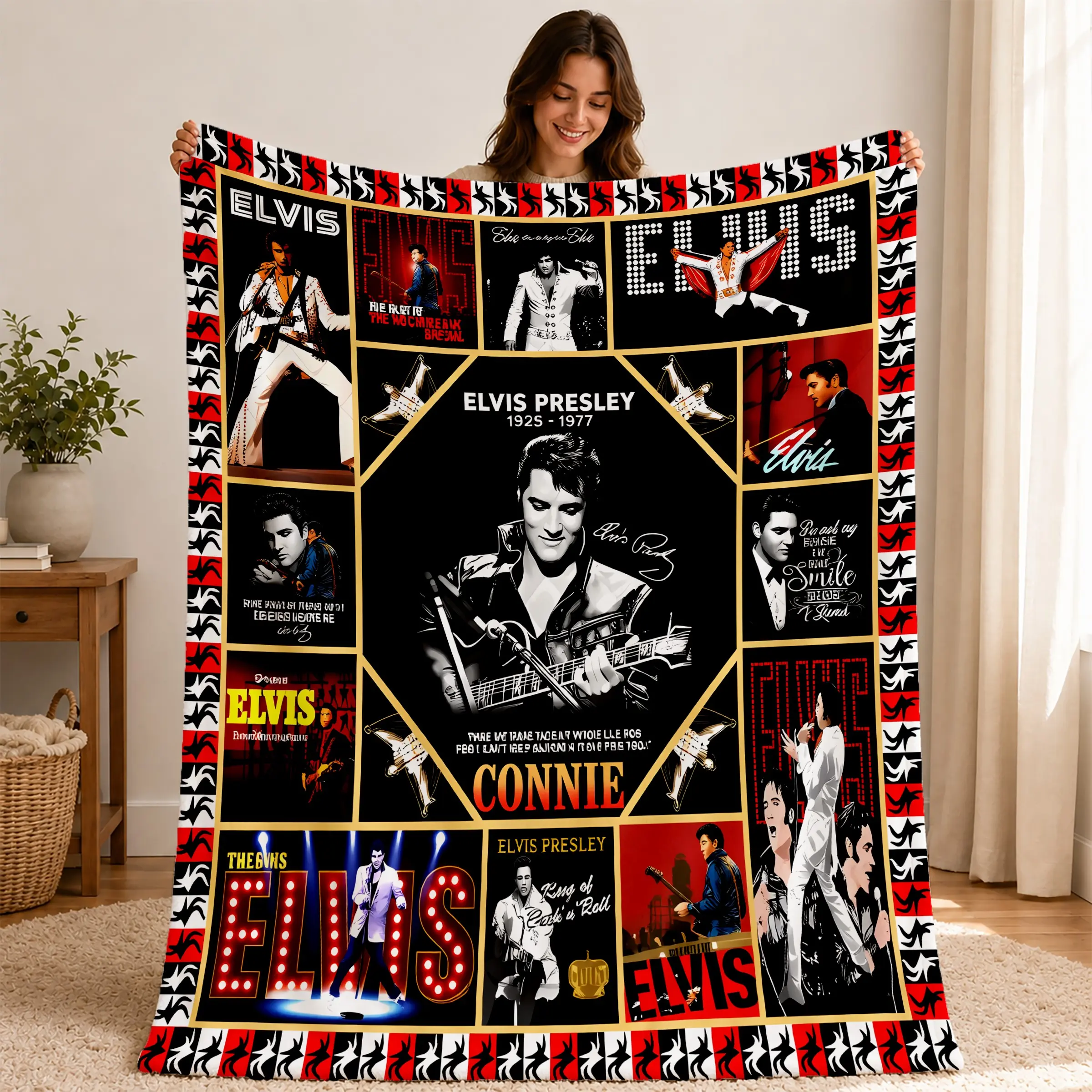 Elvis Presley Collage Throw Blanket, King of Rock and Roll, Vintage Rock Star Music Poster, Flannel Sofa Blanket Gift for Fans