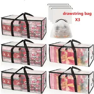 5 Pcs Heavy-Duty Moving Bags, Oversized Storage Totes with Reinforced Handles & Snap-Close Lid, Plastic Space Saver Bags for Clothes, Quilts, Moving Supplies, Includes 3 Drawstring Pockets