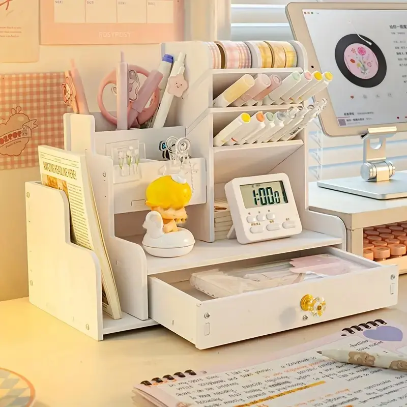 Desktop Pen Organizer with Drawers and 2 File Holders, Multi-Functional Stationery Storage for Home and Office