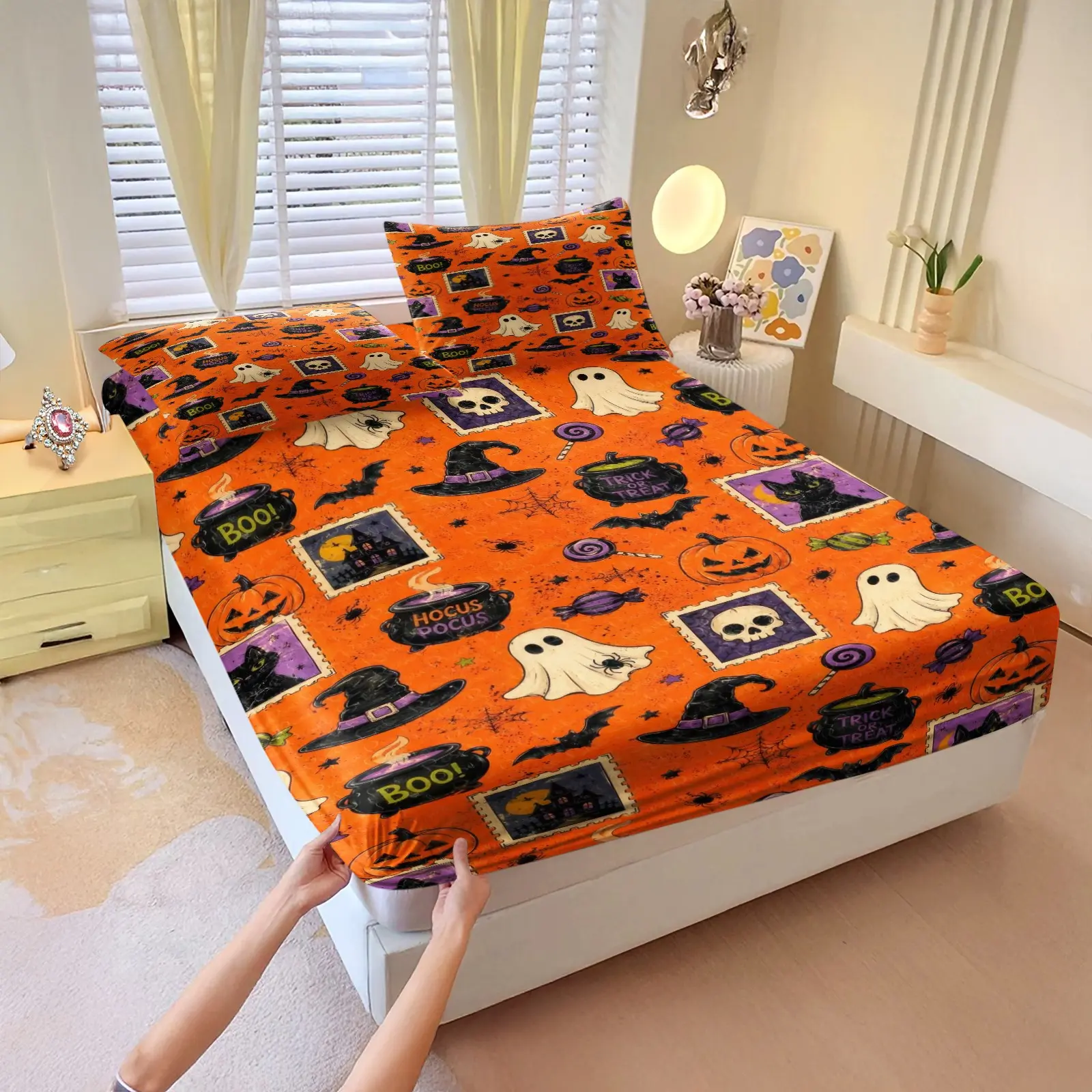 Ghost Pumpkin Cauldron Pattern Fitted Sheet Set, 3Pcs Fun Bedding Set, All-Round Deep Pocket Fitted Sheet Machine Washable, Fun Halloween Themed Bed Linens for Bedroom Decor. 2 Pillowcase, No Filling