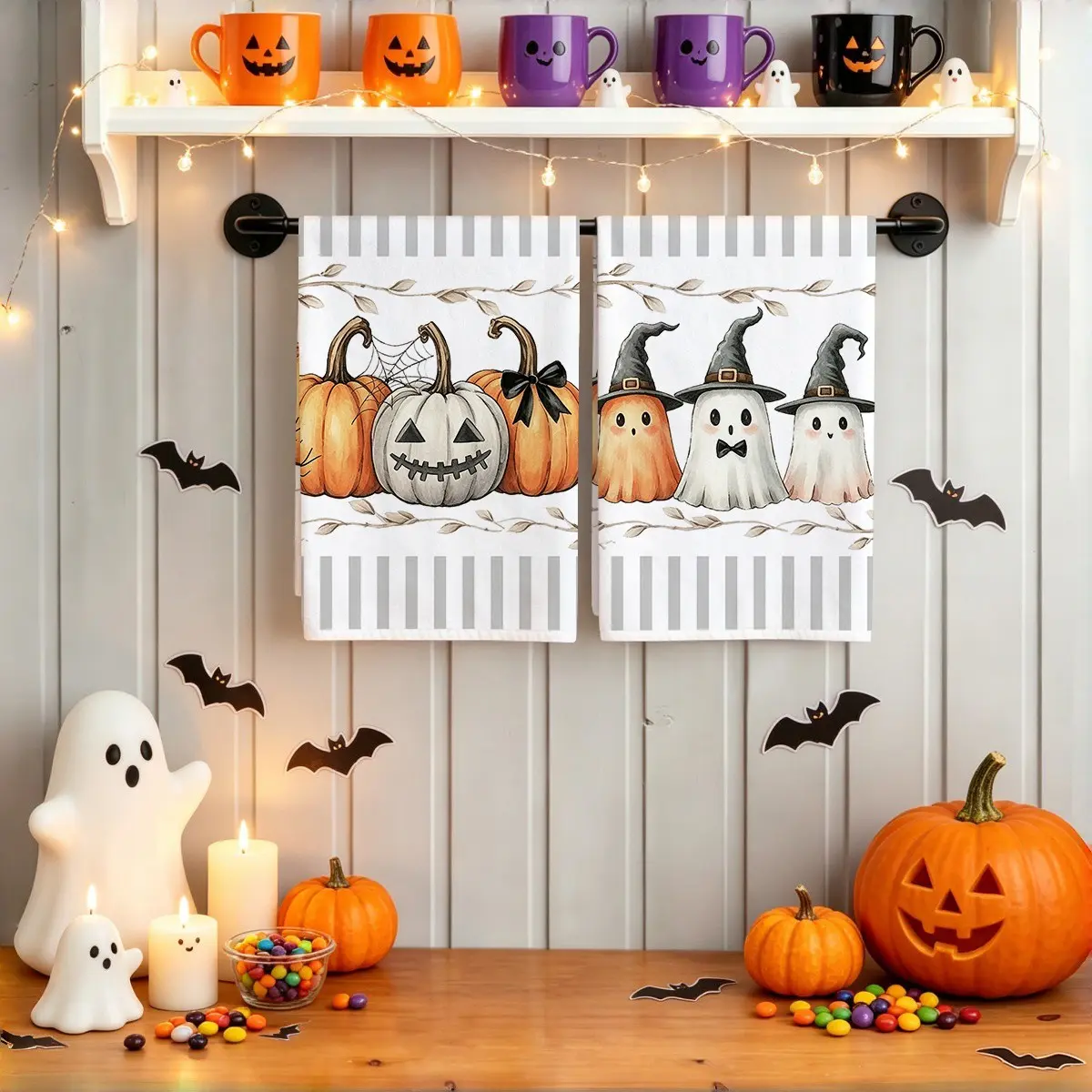 2pcs Retro Ghost Pumpkin Printed Kitchen Towels, Grey and White Vertical Striped Kitchen Tea Towels, Home Kitchen Decoration Towels, Kitchen Wipes, 15.7x23.6-inch Halloween Decoration Towels, Kitchen Decoration Multifunctional Towels