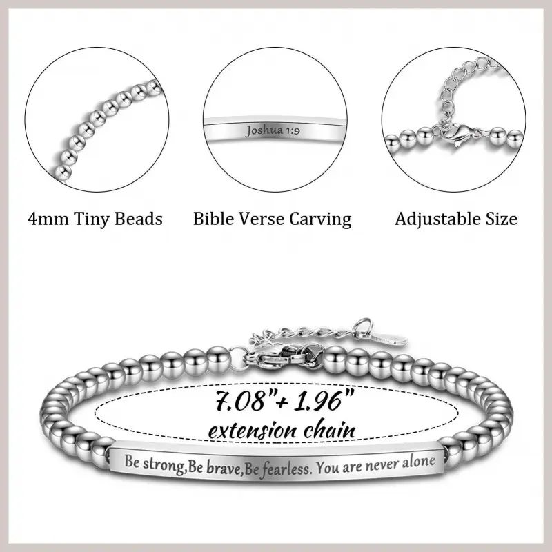 Adjustable stainless steel bracelet featuring silver-tone beads and a curved tube, suitable for laser engraving.