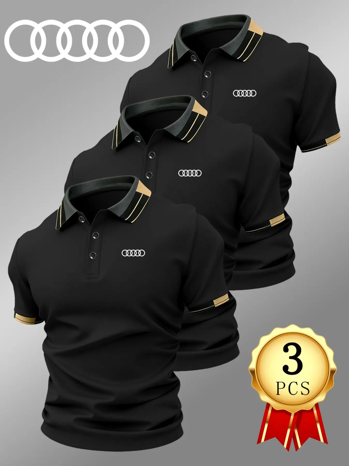 Men's Luxury Golf Polo Shirt Set, 4501 Five Rings Print, Elastic Casual Breathable Four-Season Comfortable High-End Polo Shirts