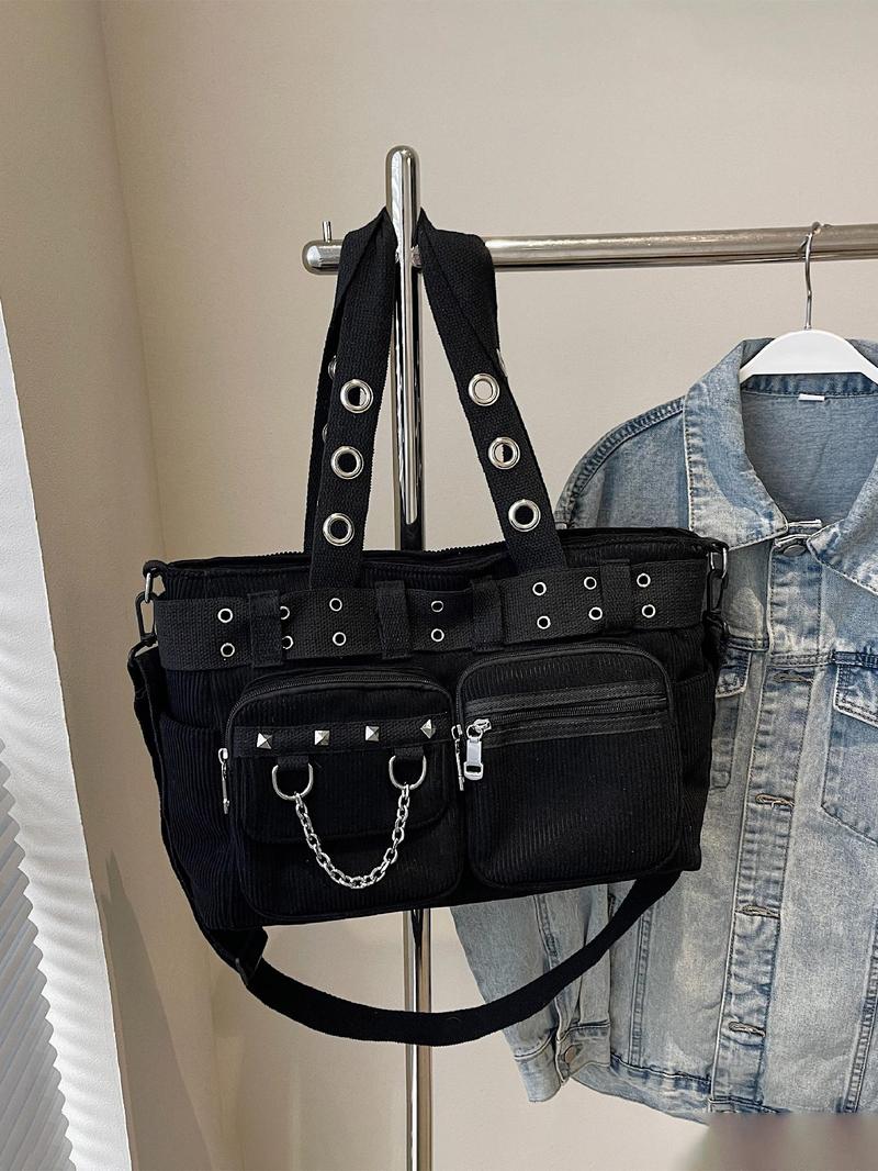 Punk Style Studded & Chain Decorated Crossbody Bag, Multi-pocket Shoulder Bag for Women, Casual Trendy Versatile High-quality Daily Commuting Bag