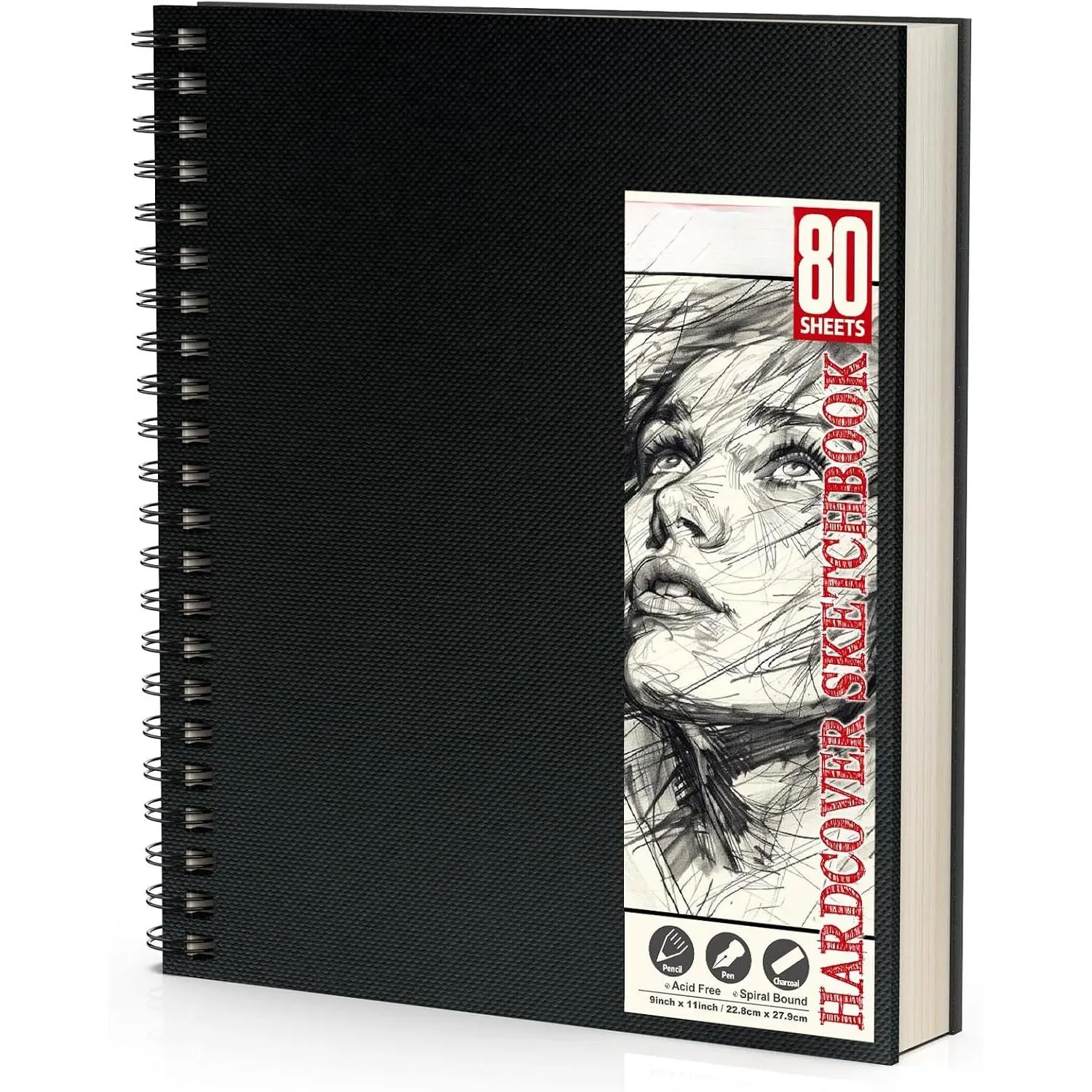 9" x 11" Sketch Book,1 Pack 80-Sheets (68lb/100gsm),Double-Sided Hardbound Sketchbook, Spiral Bound,Acid Free Paper Painting Drawing Writing Sketching Pad for  Adult Teens Girls Boys